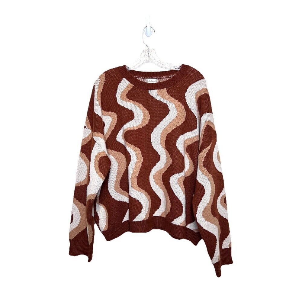 Altar'd State Groovy Retro Style Round Neck Sweater Brown‎ Neutrals Women Size L